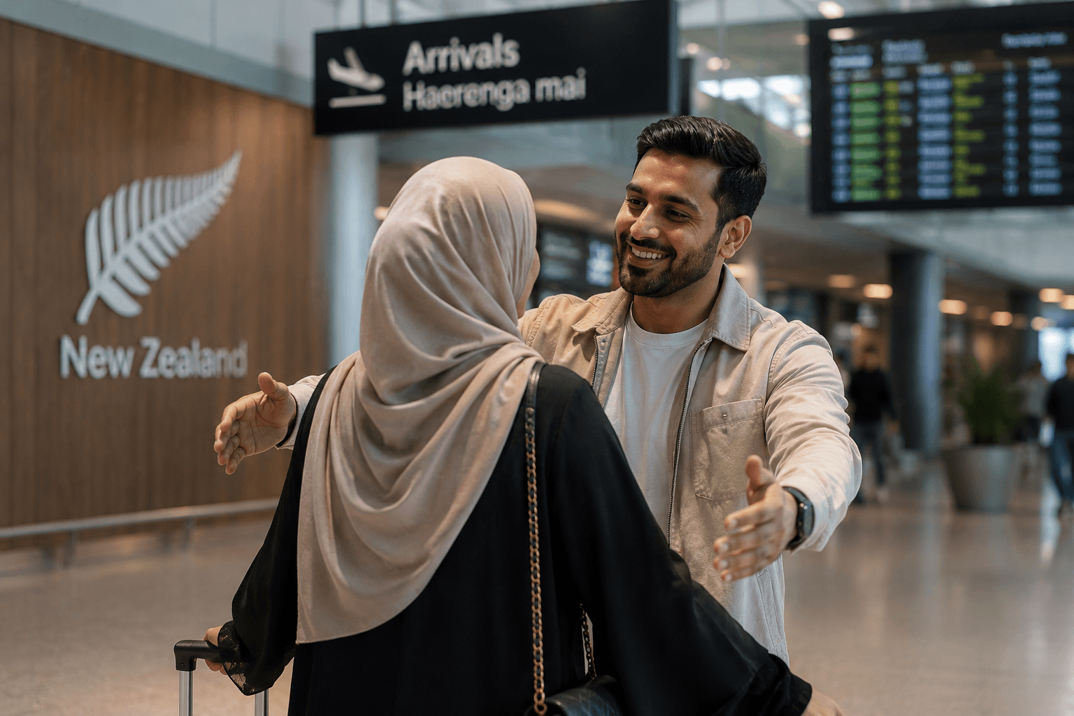 Bangladeshi couple reuniting at Auckland Airport after visitor visa approval, illustrating a culturally arranged marriage immigration journey to New Zealand.