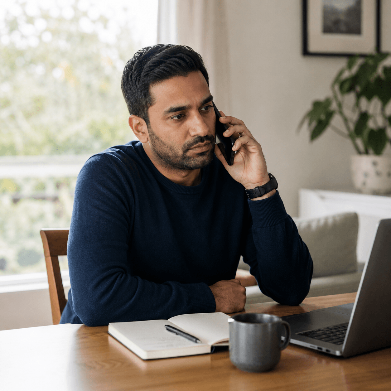 Man discussing visa options during a phone consultation while making notes at a dining table.