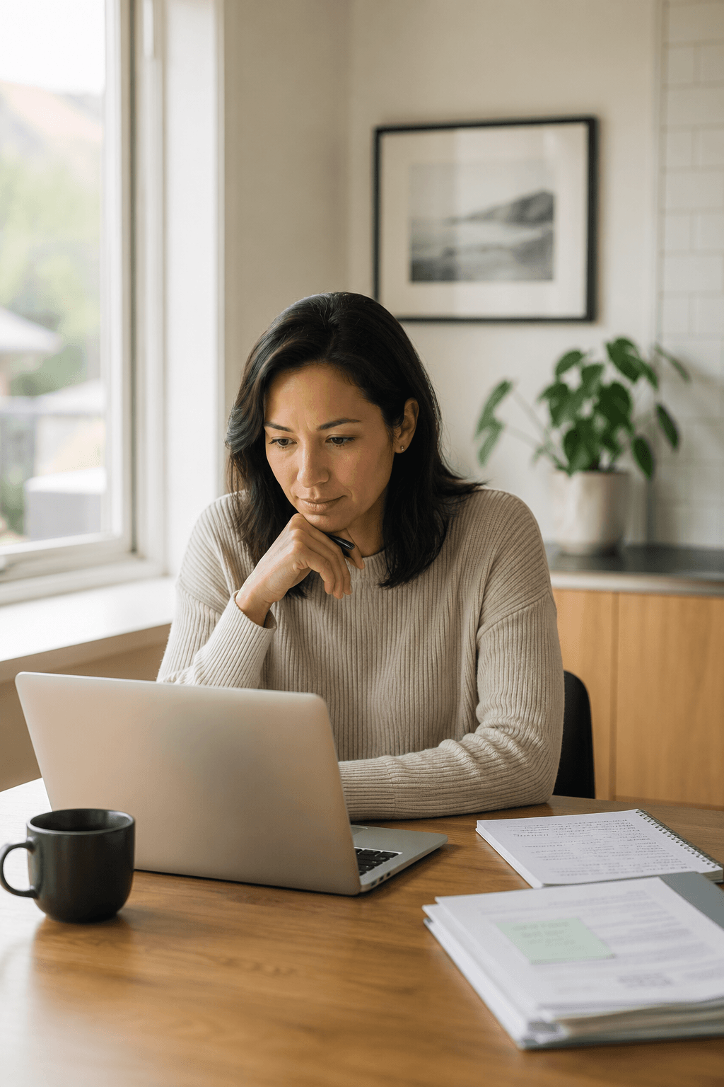 Woman researching visa information on a laptop and reviewing notes at home.