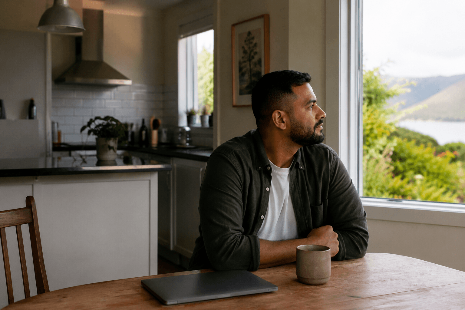 Man sitting at a kitchen table looking thoughtfully out a window in a New Zealand home while considering an important immigration matter