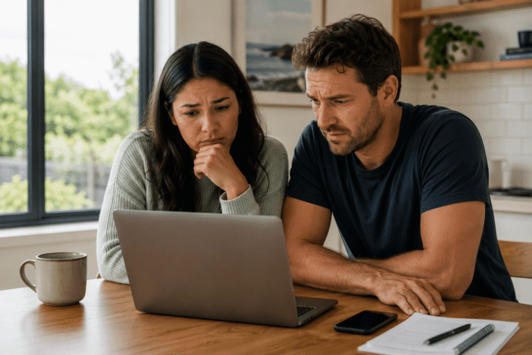Couple reviewing a declined partnership visa letter together at their kitchen table, discussing their options