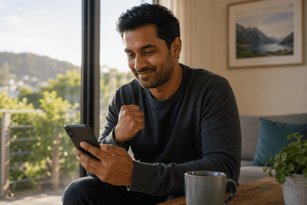 Man looking relieved after receiving a successful medical waiver decision for his New Zealand residence visa.