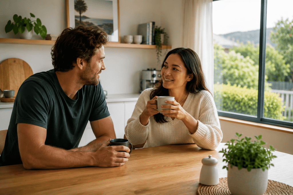 Couple sitting together at their kitchen table with cups of tea, discussing their New Zealand partnership work visa application.