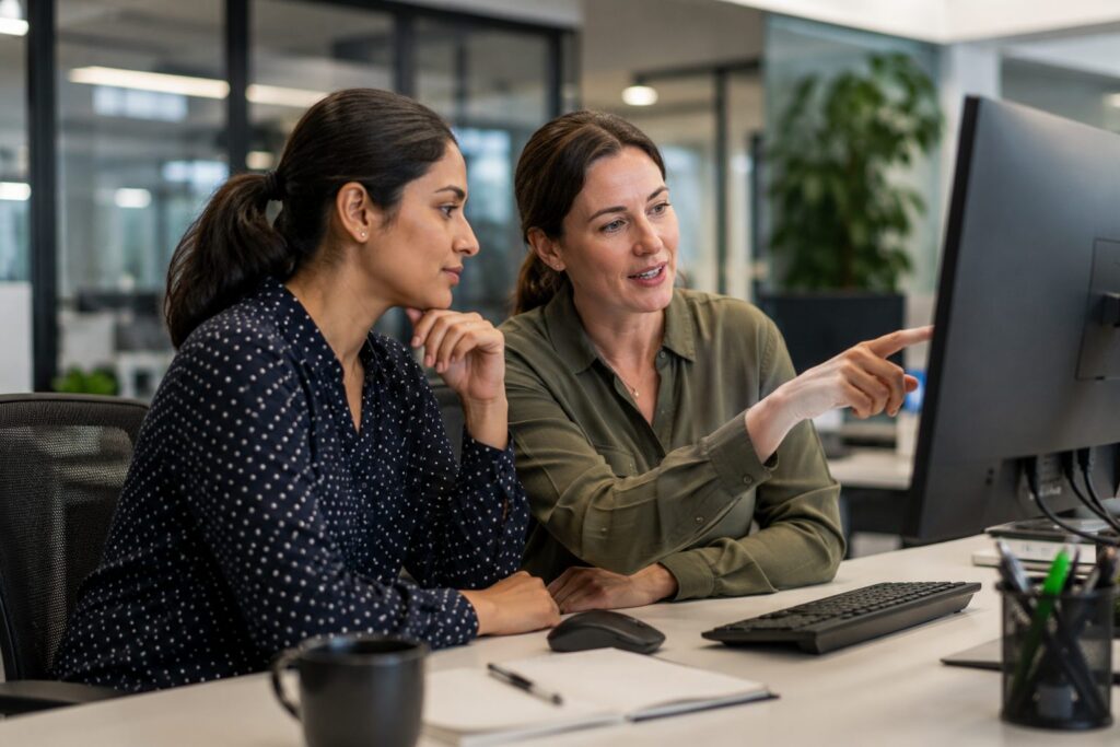 Skilled migrant discussing employment requirements with a colleague in a New Zealand workplace