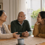 Older Indian parents discussing the Parent Resident Visa with their adult daughter in a New Zealand home