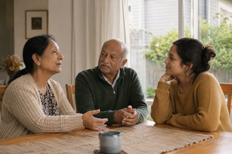 Older Indian parents discussing the Parent Resident Visa with their adult daughter in a New Zealand home