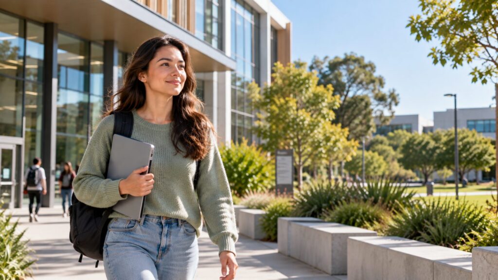 International student walking across a New Zealand campus with a laptop, illustrating the Fee Paying Student Visa