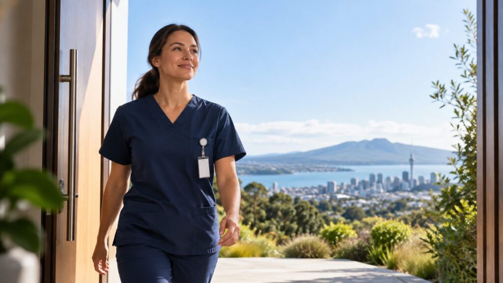 Nurse walking through an open doorway towards a New Zealand city skyline, illustrating the Straight to Residence Visa