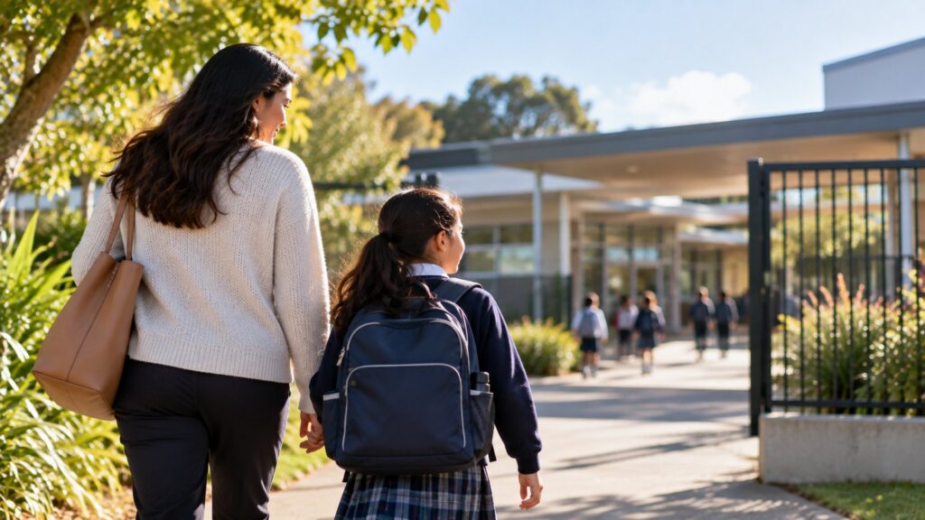 A mother and her daughter in school uniform walking towards a New Zealand primary school entrance on a sunny morning