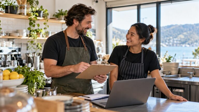 A New Zealand café owner with a clipboard welcoming a new staff member at the kitchen counter, both smiling, with a harbour view through the window