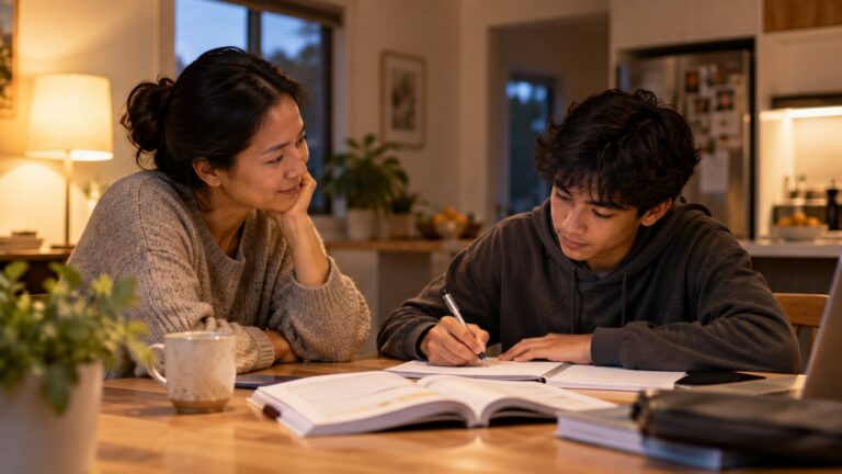A mother sitting at a kitchen table in the evening while her teenage son does his homework beside her