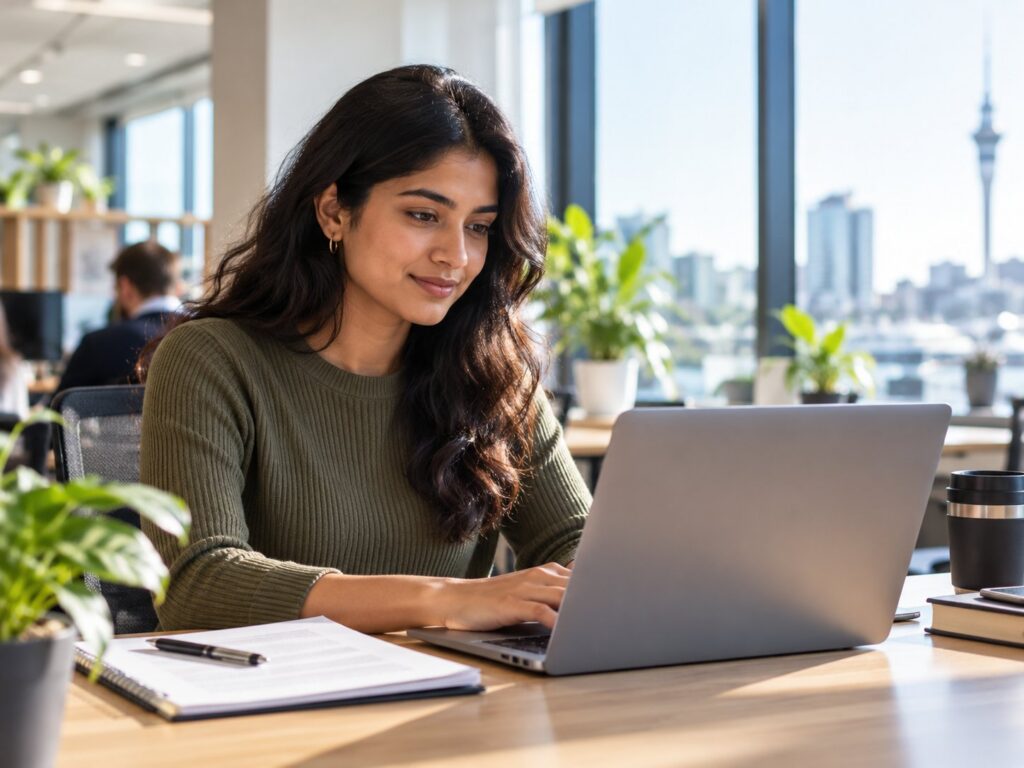 International graduate working on a laptop in an Auckland office